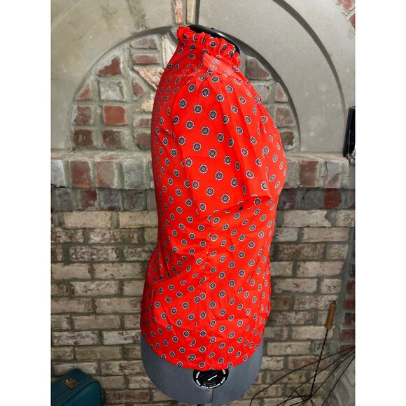 button up blouse ruffle collar tie neck red blue geometric - Picture 7 of 8